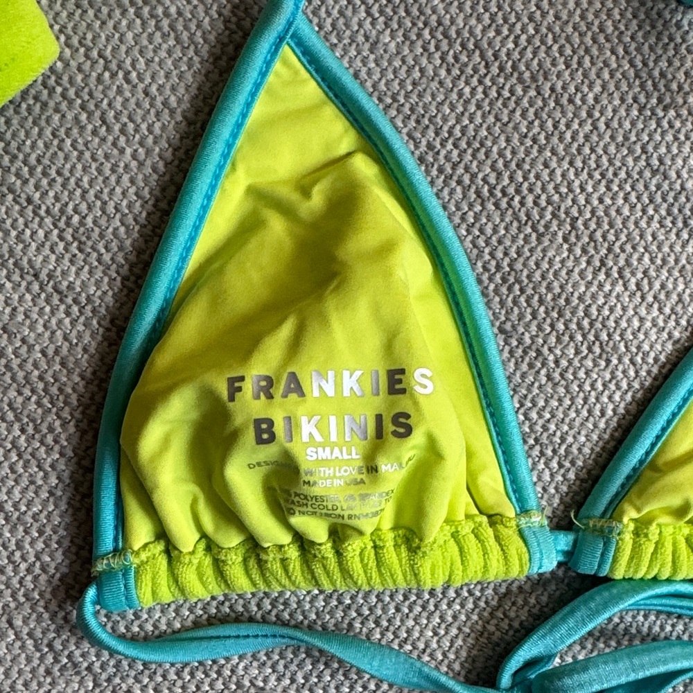 Neon Lime Triangle Bikini with Teal Trim - Picture 4 of 5